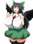  +++ 1girl ^_^ black_hair black_legwear breasts closed_eyes curvy d: erect_nipples highres huge_breasts jadf open_mouth reiuji_utsuho see-through simple_background solo taut_clothes thick_thighs thigh-highs thighs touhou white_background 