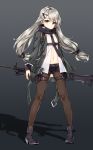  1girl bangs black_background black_boots black_legwear black_shorts boots closed_mouth dress_shirt expressionless eyebrows_visible_through_hair full_body girls_frontline gradient gradient_background gun hair_ornament hairclip high_heel_boots high_heels highres holding holding_gun holding_weapon holster jacket kuro_(kuronell) legs_apart long_hair looking_at_viewer low_twintails machine_gun mg4_(girls_frontline) navel open_clothes open_jacket open_shirt pantyhose pigeon-toed shadow shirt short_shorts shorts silver_hair solo standing thigh_holster thigh_strap twintails weapon white_shirt yellow_eyes 