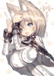  1girl animal_ears blonde_hair blue_eyes fang highres mamuru open_mouth original paw_print short_hair simple_background solo upper_body white_background 