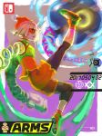  1girl absurdres arms_(game) bangs blonde_hair chinese_clothes dna_man_(arms) fighting glass goggles goo_guy green_eyes hat helix_(arms) highres ini jar kicking min_min_(arms) monster_boy short_hair shorts 