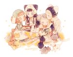  4girls :3 ;o animal_hat apron bangs black_hair blue_eyes blunt_bangs bow bowl braid brown_eyes bunny_hat cat cat_hat cat_tail chin_strap commentary_request cookie double_bun dress flower food green_bow green_eyes hair_flower hair_ornament hair_ribbon half-closed_eyes hat holding holding_bowl hug hug_from_behind kneeling long_hair mouse mouse_hat multiple_girls one_eye_closed original paw_pose pechika pink_ribbon rabbit ribbon short_sleeves sitting sleeveless sleeveless_dress smile striped striped_legwear stuffed_animal stuffed_bunny stuffed_cat stuffed_mouse stuffed_toy tail thick_eyebrows twitter_username vertical-striped_dress vertical_stripes white_hair white_ribbon yellow_ribbon 