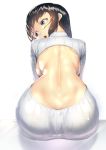  1girl ass backboob backless_outfit bare_back black_hair blue_eyes breasts butt_crack commentary_request grey_sweater highres large_breasts leaning_forward light_particles looking_to_the_side meme_attire naked_sweater open_mouth ribbed_sweater shiny shiny_clothes shiny_skin sideboob soramiruku sweater turtleneck turtleneck_sweater twisted_neck virgin_killer_sweater 