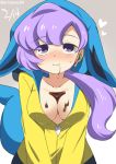  1girl blush breasts bust_cup chocolate cleavage eromame heart hood hoodie lila_(pokemon) long_hair long_sleeves low_ponytail pokemon pokemon_(game) pokemon_sm purple_hair smile solo violet_eyes 