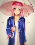 1girl green_eyes jacket long_hair macross macross_7 matcha_mochi mylene_jenius pink_hair rain umbrella 
