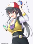  1girl alternate_costume baseball_cap black_hair breasts brown_eyes cellphone cleavage commentary_request cosplay female_protagonist_(pokemon_go) female_protagonist_(pokemon_go)_(cosplay) hair_between_eyes hand_up haruna_(kantai_collection) hat holding holding_poke_ball kantai_collection long_hair medium_breasts natsuya_(pucelle) open_mouth phone poke_ball pokemon pokemon_(game) pokemon_go smartphone solo translation_request twitter_username 