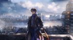  1boy 38ban armor brown_hair building cityscape clouds cloudy_sky gloves heshikiri_hasebe japanese_armor katana male_focus sheath sheathed sky sode sword touken_ranbu violet_eyes water weapon white_gloves 