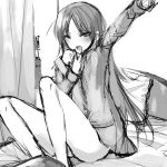  1girl absurdres arm_up bed blush commentary curtains hair_down highres long_hair looking_at_viewer mahou_shoujo_madoka_magica misteor monochrome one_eye_closed sakura_kyouko shirt sketch sleepy solo stretch white_background yawning 