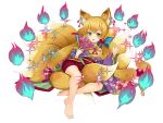  1girl animal_ears barefoot between_legs blonde_hair bracelet chibi_no_tone earrings fan fire fox_ears fox_tail full_body green_eyes highres holding holding_fan jewelry long_hair mont_girls multiple_tails official_art simple_background solo sparkle tail white_background 