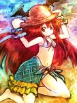  1girl alternate_costume arms_up barefoot bat_wings bikini blue_bikini breasts cleavage colored_eyelashes colorful commentary_request coorichasan dated eyelashes hair_between_eyes hand_on_headwear hat head_wings highres kneeling koakuma long_hair looking_at_viewer navel red_eyes redhead simple_background smile sun_hat swimsuit touhou towel towel_around_waist very_long_hair wings wristband 
