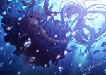  1girl black_dress blue_eyes blue_hair bubble dress fish floating_hair hair_ribbon hatsune_miku highres kkorichan long_hair messy_hair ribbon shinkai_shoujo_(vocaloid) solo underwater very_long_hair vocaloid 