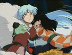  1girl 2boys anime_coloring black_hair blue_hair blush_stickers crescent facial_mark fake_screenshot forehead_mark hat hug inuyasha jaken japanese_clothes multiple_boys open_mouth orange_eyes petagon rin_(inuyasha) sesshoumaru smile tongue tongue_out 