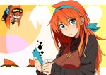  1girl ahegao amano_tora bangs blue_eyes blush breasts cellphone chibi eyebrows_visible_through_hair glass goggles goggles_on_head hair_between_eyes highres jewelry kazenoko long_hair looking_at_viewer necklace open_mouth orange_hair original phone smartphone solo sweater turtleneck 