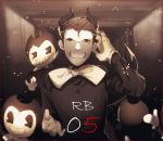  1boy bendy_(character) bendy_and_the_ink_machine bow bowtie grin horns humanization looking_at_viewer male_focus monochrome multiple_persona no-kan pac-man_eyes smile spot_color upper_body 