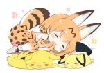 1girl animal_ears closed_eyes crossover curled_up elbow_gloves eyebrows_visible_through_hair gloves high-waist_skirt kemono_friends lying on_side on_stomach open_mouth pichu pikachu pokemon pokemon_(creature) serval_(kemono_friends) serval_ears serval_print serval_tail shadow shirt skirt sleeveless sleeveless_shirt striped_tail tail thigh-highs watanohara zettai_ryouiki 
