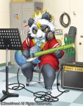  bamboo cable cardfight!!_vanguard company_name earrings guitar headphones instrument jewelry kemonomichi_(blue_black) leaf no_humans official_art panda panda_ears problem_child_greybelly sitting solo yellow_eyes 