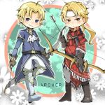  2boys arrow blonde_hair bloomsq boots bow_(weapon) fire_emblem fire_emblem:_ankoku_ryuu_to_hikari_no_tsurugi fire_emblem:_fuuin_no_tsurugi fire_emblem:_mystery_of_the_emblem fire_emblem:_shin_ankoku_ryuu_to_hikari_no_tsurugi fire_emblem_heroes headband holding holding_weapon jeorge_(fire_emblem) klein_(fire_emblem) looking_at_viewer male_focus multiple_boys smile weapon 