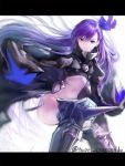  1girl armor armored_boots blue_eyes blue_ribbon boots coat fate/extra fate/extra_ccc fate/grand_order fate_(series) haori_iori highres long_hair long_sleeves meltlilith midriff navel prosthesis prosthetic_leg purple_hair ribbon smile solo spikes 