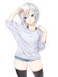  1girl :o anastasia_(idolmaster) black_legwear blue_eyes commentary_request contrapposto cowboy_shot denim denim_shorts idolmaster idolmaster_cinderella_girls jewelry necklace onsoku_maru open_mouth short_shorts shorts silver_hair simple_background solo thigh-highs white_background 