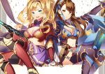  2girls arm_support armor beatrix_(granblue_fantasy) blonde_hair blue_eyes breasts brown_eyes brown_hair cleavage crop_top gauntlets granblue_fantasy greaves hair_ornament hairband large_breasts lips long_hair looking_at_viewer midriff miniskirt multiple_girls navel open_mouth polearm ponytail serious shiyun simple_background sitting skirt smile spear sword thigh-highs twintails weapon zeta_(granblue_fantasy) 