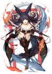  1girl animal_ears black_hair breasts cleavage fang granblue_fantasy highres large_breasts looking_at_viewer open_mouth oyu_(sijimisizimi) red_eyes smile solo yuel_(granblue_fantasy) 