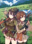  2girls :o ammunition_pouch bangs belt belt_pouch black_gloves black_hair black_legwear blue_eyes blush brown_hair buttons commentary_request gloves grass green_jacket gun hair_between_eyes handgun highres holding holding_gun holding_weapon holster jacket jacket_on_shoulders karo-chan long_hair looking_at_viewer m1_carbine military military_jacket multiple_girls open_mouth original outdoors over_shoulder pleated_skirt pocket ponytail revolver round_teeth short_hair side-by-side skirt smile submachine_gun teeth thigh-highs thompson_submachine_gun trigger_discipline vertical_foregrip weapon weapon_over_shoulder wing_collar world_war_ii 