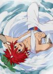  1boy anime_coloring collarbone fangs hand_on_hip highres horn jin_kaze_tsukai jpeg_artifacts male_focus open_mouth petagon pointy_ears redhead smile solo violet_eyes whirlwind yuu_yuu_hakusho 