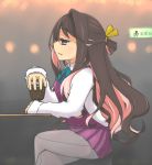  1girl alcohol bar black_hair blue_bow blue_eyes blurry bow cup depth_of_field drinking_glass exit_sign fang from_side grey_legwear hair_ribbon highres holding_glass ice ice_cube indoors kantai_collection legs_crossed long_hair macbail multicolored_hair naganami_(kantai_collection) pink_hair ribbon seamed_legwear side-seamed_legwear sitting skirt solo stool two-tone_hair very_long_hair vest wavy_hair yellow_ribbon 