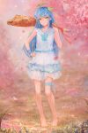  1girl bangs barefoot blue_bow blue_dress blue_hair blue_ribbon blurry blurry_background bow bowtie cherry_blossoms closed_mouth club collarbone dated dress eyebrows_visible_through_hair frilled_dress frilled_shirt_collar frills full_body grass hair_ornament hairclip hand_on_hip head_tilt holding kisei2 layered_dress leg_ribbon light_smile long_hair looking_at_viewer medium_dress original outdoors over_shoulder petals plant_on_head pointy_ears ribbon sailor_collar sidelocks signature sleeveless sleeveless_dress solo spring_(season) standing tiptoes tree weapon weapon_over_shoulder wrist_ribbon yellow_eyes 