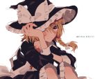  1girl apron backlighting blonde_hair blush braid buttons dated frilled_skirt frills hat hosomitimiti kirisame_marisa looking_at_viewer number_pun one_eye_covered simple_background single_braid skirt sparkling_eyes sweatdrop touhou witch_hat yellow_eyes 