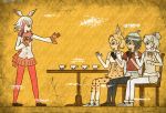  4girls 7kita alpaca_ears alpaca_suri_(kemono_friends) animal_ears backpack bag bare_shoulders beige_shoes beige_sweater black_eyes black_gloves black_hair black_legwear black_shoes blonde_hair bow bowtie breast_pocket breasts brown_shoes bucket_hat chair closed_eyes closed_mouth commentary_request crack cup egyptian_art elbow_gloves frilled_sleeves frills from_side full_body fur_collar fur_trim gloves hand_on_own_chest hat hat_feather head_wings high-waist_skirt highres japanese_crested_ibis_(kemono_friends) kaban_(kemono_friends) kemono_friends kita_(7kita) legs_apart long_hair long_sleeves mary_janes medium_breasts multicolored multicolored_ribbon multiple_girls orange_skirt outstretched_arm pantyhose pleated_skirt pocket profile red_gloves red_legwear red_ribbon red_shirt redhead ribbon saucer serval_(kemono_friends) serval_ears serval_print serval_tail shirt shoes short_hair short_sleeves sitting skirt sleeveless sleeveless_shirt standing striped_tail sweater_vest table tail teacup thigh-highs two_side_up white_hair white_legwear white_shirt white_shoes yellow_background yellow_ribbon 