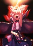  1girl angry armpits arms_up black_background blonde_hair blue_skirt bracer cape commentary_request d:&lt; glowing kaiza_(rider000) looking_at_viewer open_mouth pointy_hair ritual_baton serious sheath skirt slashing sleeveless solo touhou toyosatomimi_no_miko vest yellow_eyes 