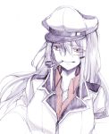  1girl collarbone collared_shirt eyebrows_visible_through_hair gangut_(kantai_collection) grey_hair hair_between_eyes hair_ornament hair_over_shoulder hairclip hat highres jacket kantai_collection long_hair long_sleeves military military_uniform peaked_cap pipe pipe_in_mouth red_eyes sanpatisiki scar shirt silver_hair simple_background smile solo uniform upper_body white_background white_jacket 