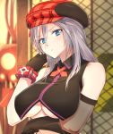  1girl alisa_ilinichina_amiella bare_shoulders black_gloves blue_eyes breasts cleavage fingerless_gloves gloves god_eater hat large_breasts long_hair looking_at_viewer mob3 silver_hair solo under_boob upper_body 