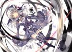  1girl android blush breasts clockwork_planet dress dress_lift dutch_angle hair_ornament large_breasts lifted_by_self long_sleeves looking_at_viewer machinery medium_hair red_string ryuzu_(clockwork_planet) short_dress silver_hair solo standing string thigh-highs veil weapon yellow_eyes yuihira_asu zettai_ryouiki 