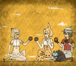  3girls 7kita animal_ears backpack bag bare_shoulders belt black_eyes black_gloves black_hair black_legwear blonde_hair bow bowtie brown_hair brown_shoes bucket_hat cat_ears cat_tail clenched_hand closed_eyes closed_mouth commentary_request crack egyptian_art elbow_gloves food from_side full_body gloves hat hat_feather high-waist_skirt highres holding holding_food japari_bun kaban_(kemono_friends) kemono_friends kita_(7kita) legs_apart lucky_beast_(kemono_friends) multicolored_hair multiple_girls one_knee pantyhose profile red_shirt sand_cat_(kemono_friends) serval_(kemono_friends) serval_ears serval_print serval_tail shirt shoes short_hair short_sleeves skirt sleeveless sleeveless_shirt standing striped_tail tail thigh-highs two-tone_hair white_bow white_shirt white_shoes yellow_background 