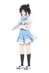  1girl black_hair black_legwear blue_eyes blue_skirt circle_(pixiv7060692) flute full_body hibike!_euphonium highres instrument kasaki_nozomi long_hair pleated_skirt ponytail school_uniform serafuku shoes simple_background skirt socks solo standing uwabaki white_background 