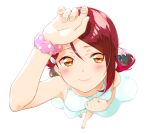  1girl arm_up bangs barefoot breasts brown_eyes dress foreshortening from_above half_updo hand_on_own_chest long_hair looking_at_viewer looking_up love_live! love_live!_sunshine!! parted_bangs polka_dot redhead sakurauchi_riko scrunchie simple_background small_breasts smile solo sundress white_background white_dress wrist_scrunchie yomo_tsuka 