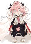  1boy absurdres black_legwear blush braid cape fang fate/apocrypha fate_(series) garter_straps hair_ribbon highres long_hair looking_at_viewer male_focus mayutsuba_mono open_mouth panties pantyshot pink_hair ribbon rider_of_black single_braid smile solo thigh-highs trap underwear violet_eyes 