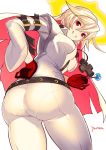  1girl breasts candy center_opening cleavage food from_below gloves guilty_gear guilty_gear_xrd halo jack-o_(guilty_gear) lollipop multicolored_hair pantylines razu_(rus) red_eyes two-tone_hair white_hair 