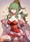  1girl blush breasts cape chiki dress fire_emblem fire_emblem:_kakusei fire_emblem:_mystery_of_the_emblem garter_straps gloves green_eyes green_hair hair_ornament long_hair looking_at_viewer older pink_dress pointy_ears ponytail red_dress short_dress solo songjikyo strapless strapless_dress thigh-highs 