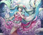 1girl bracelet breasts dress floating_hair flower green_eyes green_hair hair_flower hair_ornament hatsune_miku hc_(razel1) jewelry long_hair medium_breasts open_mouth solo twintails very_long_hair vocaloid 
