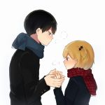  1boy 1girl black_hair blonde_hair blue_eyes blush breath brown_eyes haikyuu!! hair_ornament hand_holding height_difference kageyama_tobio long_sleeves looking_at_another rivers scarf short_hair side_ponytail simple_background white_background yachi_hitoka 