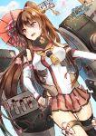 1girl black_legwear blush breasts brown_eyes brown_hair commentary_request dated day kantai_collection large_breasts long_hair miniskirt open_mouth petals pleated_skirt ponytail signature single_thighhigh skirt sky solo thigh-highs yamato_(kantai_collection) yuihira_asu 