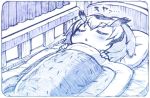  1girl bed bed_sheet closed_eyes commentary_request curtains kemono_friends monochrome northern_white-faced_owl_(kemono_friends) pillow sakino_shingetsu short_hair sleeping solo 