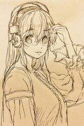  1girl eyebrows_visible_through_hair headphones highres long_hair long_sleeves looking_at_viewer loose_shirt nitroplus shirt sketch solo super_sonico traditional_media tsuji_santa 