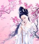  1girl beads black_hair cherry_blossoms closed_eyes eyeshadow facing_viewer flower hair_beads hair_bun hair_flower hair_ornament luna_ouyang makeup nail_polish original pale_skin pink_background pink_nails solo standing updo white_clothes wide_sleeves 
