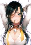  1girl absurdres ahoge arms_behind_head arms_up black_hair blue_eyes blush breasts choker cleavage closers collarbone collared_shirt dress_shirt grin hair_between_eyes highres large_breasts long_hair looking_at_viewer mouth_hold nose_blush one_eye_closed peanutc seo_yuri shirt sketch smile solo upper_body white_background wing_collar yuri_seo 