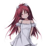  1girl absurdres alternate_costume arms_behind_back bare_shoulders blush breasts casual closed_eyes commentary dress hair_ribbon head_tilt high_ponytail highres mahou_shoujo_madoka_magica misteor redhead ribbon sakura_kyouko sketch small_breasts smile white_background white_dress white_ribbon 