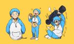  1boy bell bell_collar blue_hair character_sheet collar doraemon doraemon_(character) dorayaki food food_on_face full_body highres inahara jacket male_focus personification pocket simple_background smile twitter_username wagashi weights whisker_markings yellow_background zipper_pull_tab 