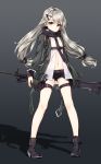  1girl bangs black_background black_boots black_shorts boots closed_mouth dress_shirt expressionless eyebrows_visible_through_hair full_body girls_frontline gradient gradient_background gun hair_ornament hairclip high_heel_boots high_heels highres holding holding_gun holding_weapon holster jacket kuro_(kuronell) legs_apart long_hair looking_at_viewer low_twintails machine_gun mg4_(girls_frontline) navel open_clothes open_jacket open_shirt pigeon-toed shadow shirt short_shorts shorts silver_hair solo standing thigh_holster thigh_strap twintails weapon white_shirt yellow_eyes 